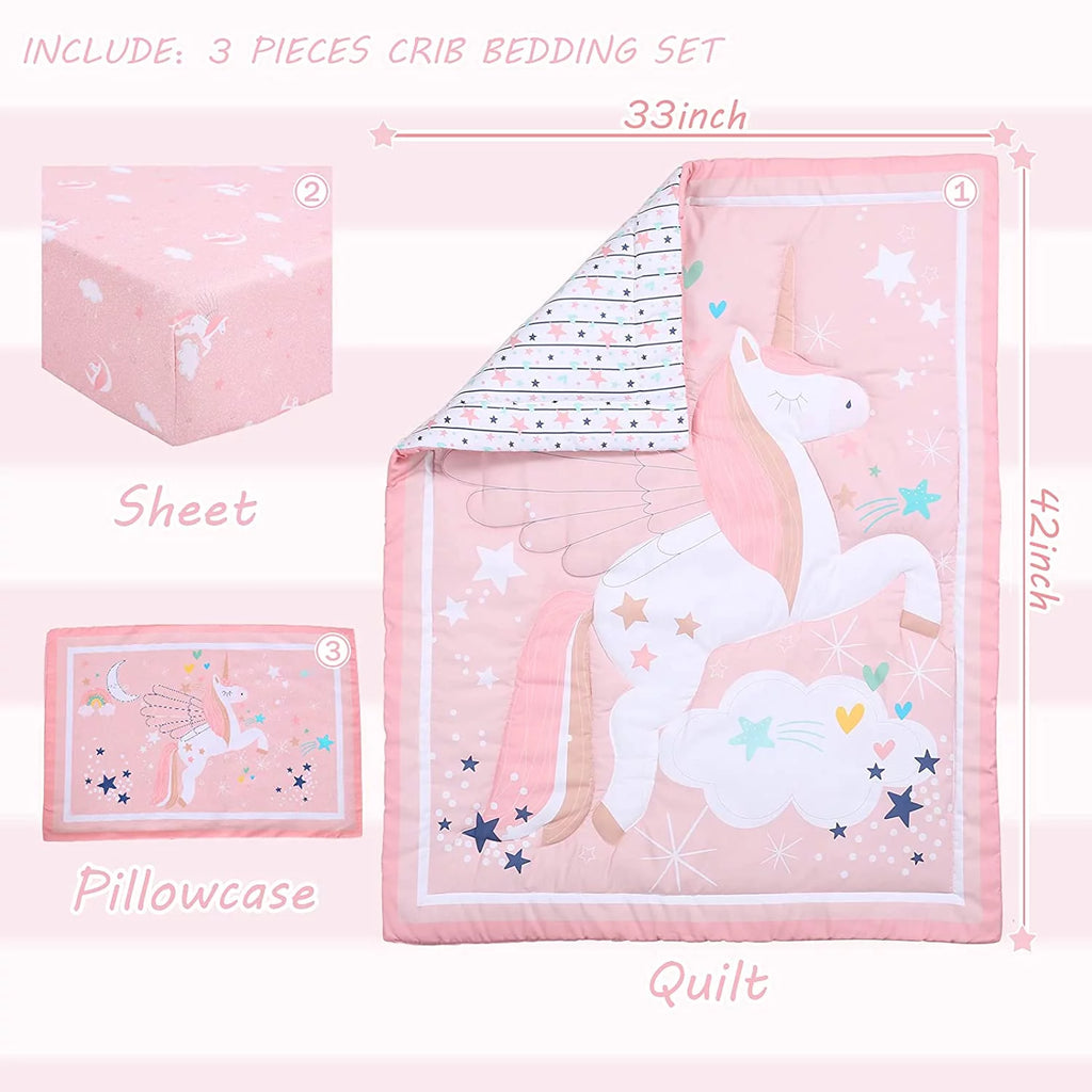 3-Piece Pink Unicorn Crib Bedding Set N512