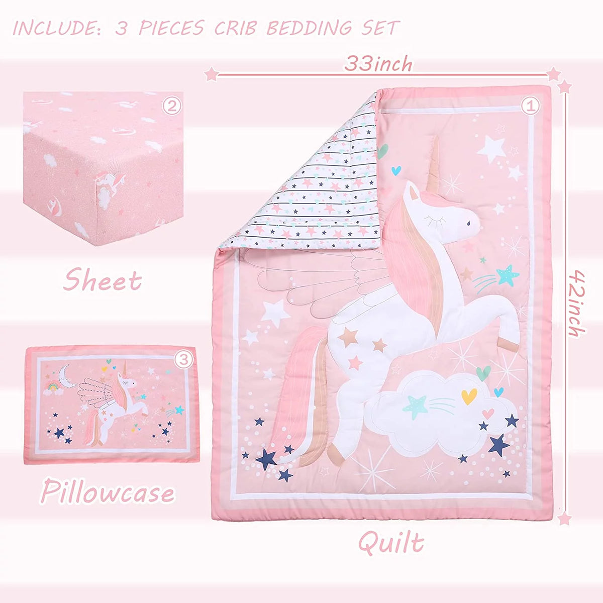 3-Piece Pink Unicorn Crib Bedding Set N512