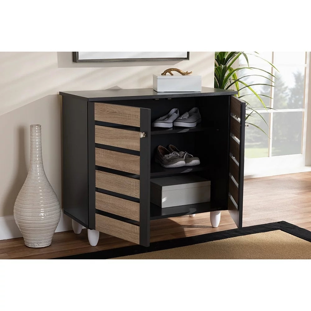 Oak and Dark Gray 2-Door Shoe Storage Cabinet V547