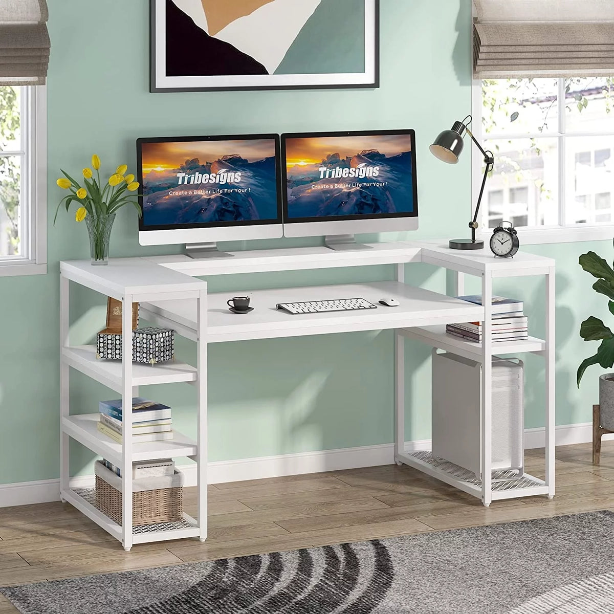 63 inch Brown Computer Desk with Storage Shelves V28972