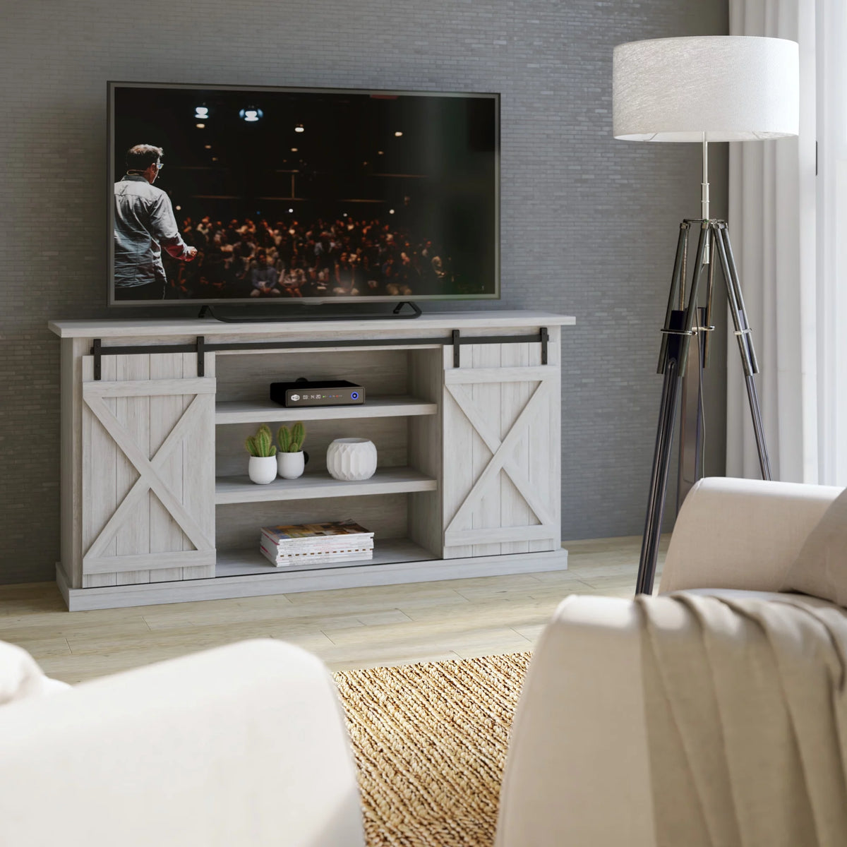 Modern Farmhouse TV Stand with Sliding Barn Doors V4193