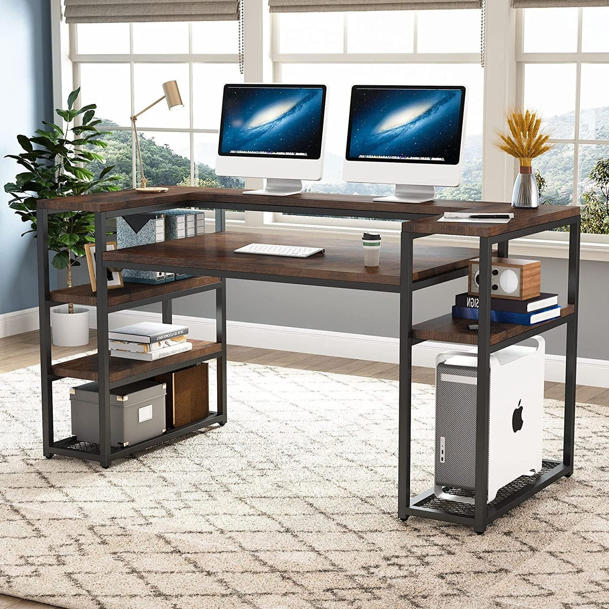 63 inch Brown Computer Desk with Storage Shelves V28972