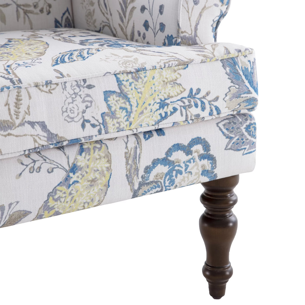 Blue Floral Print Upholstered Wingback Accent Chair with Solid Wood Legs K503455