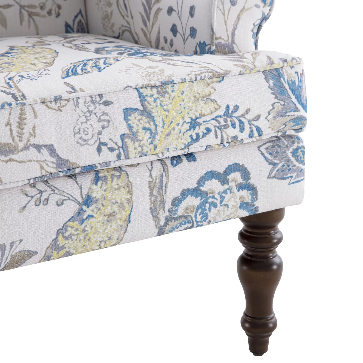 Blue Floral Print Upholstered Wingback Accent Chair with Solid Wood Legs K503455