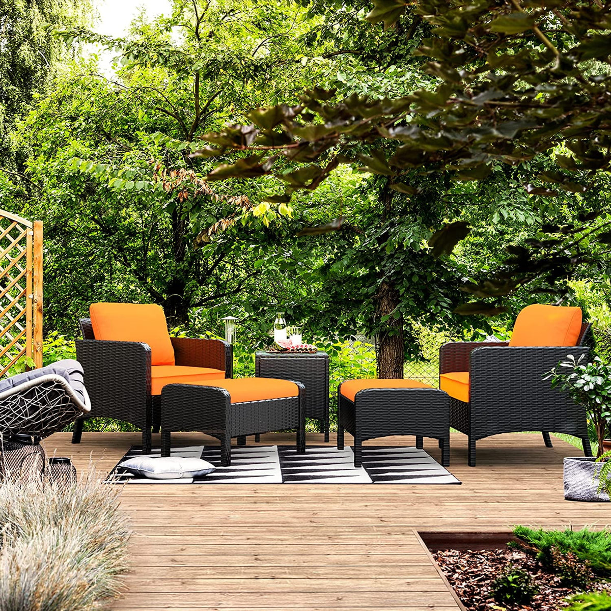 5 Pieces PE Rattan Wicker Outdoor Cushioned Lounge Chairs Set with Ottomans and Glass Table R984