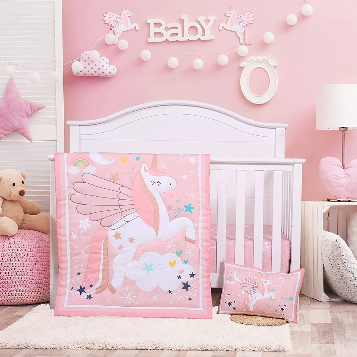 3-Piece Pink Unicorn Crib Bedding Set N512
