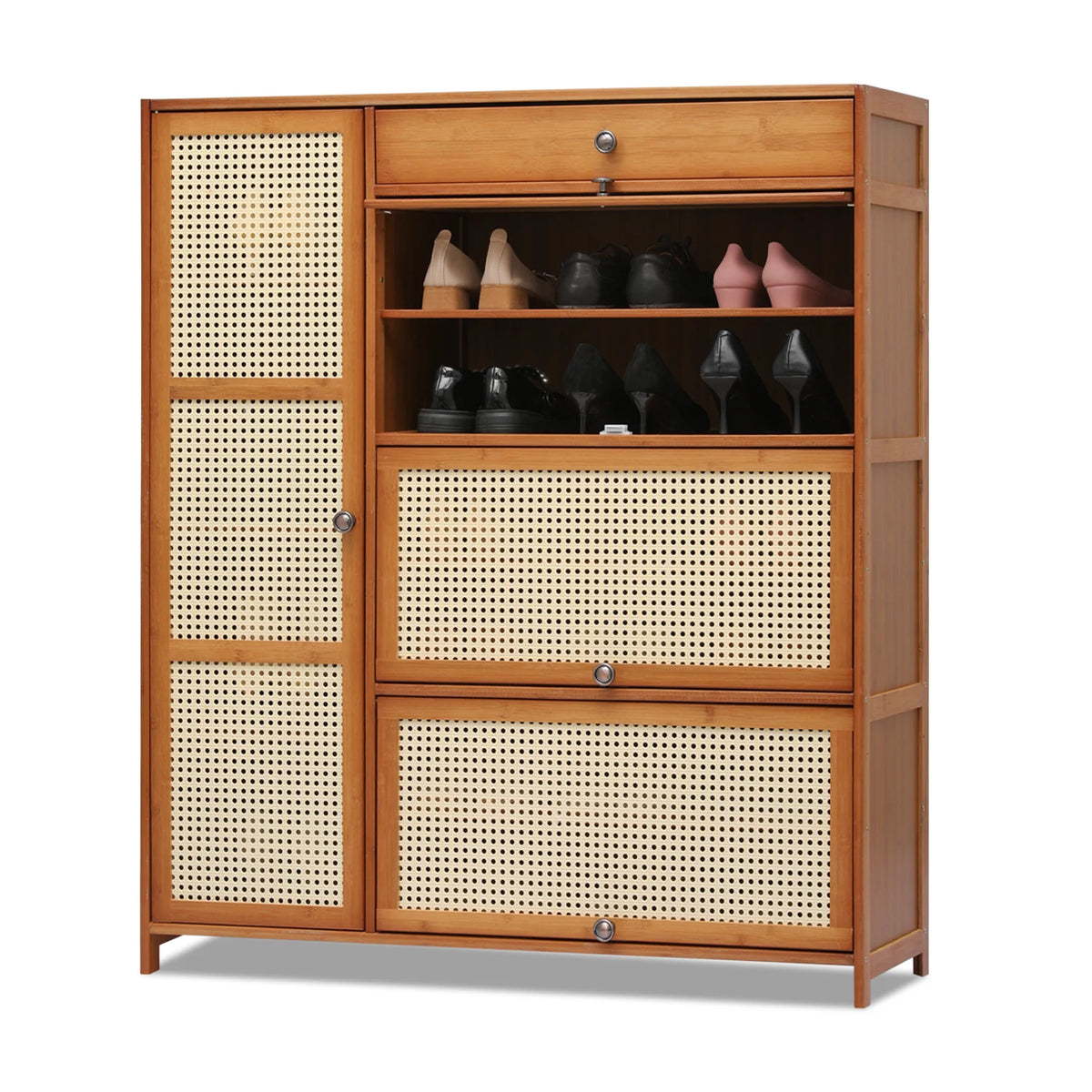 Bamboo 28 Pairs 6 Shelves Shoe Storage Cabinet with 4 Rattan Doors Z13767