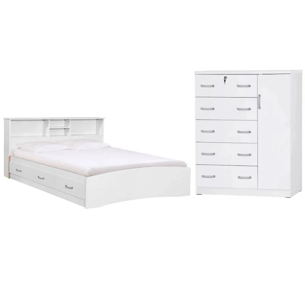 White Queen Captains Bed & Tall Chest Wardrobe Set X9194