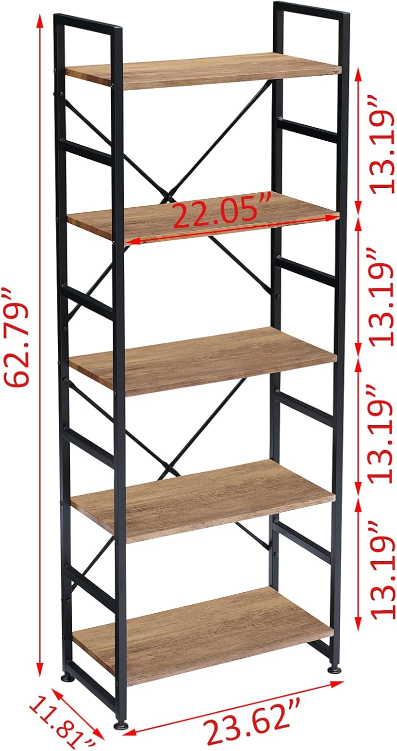 Industrial 5 Tier Wood Bookshelf with Metal Frame V6393