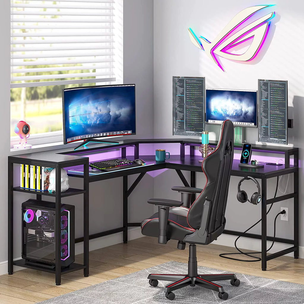 Black L-Shaped Gaming Desk with LED Strips U67622