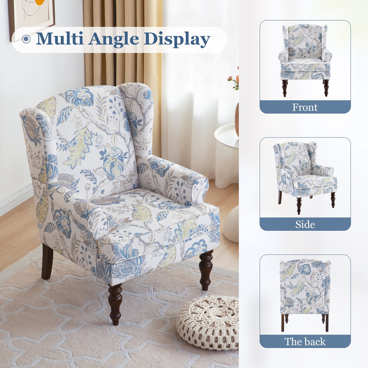 Blue Floral Print Upholstered Wingback Accent Chair with Solid Wood Legs K503455