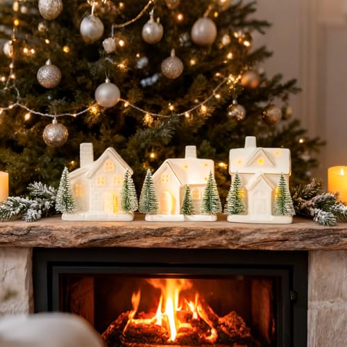 Set of 3 Light Up Ceramic Christmas Village House Figurines O1916