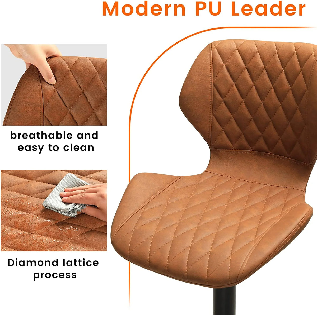 Set of 2 PU Leather Bar Stools Height Adjustable Bar Chairs Brown K8591