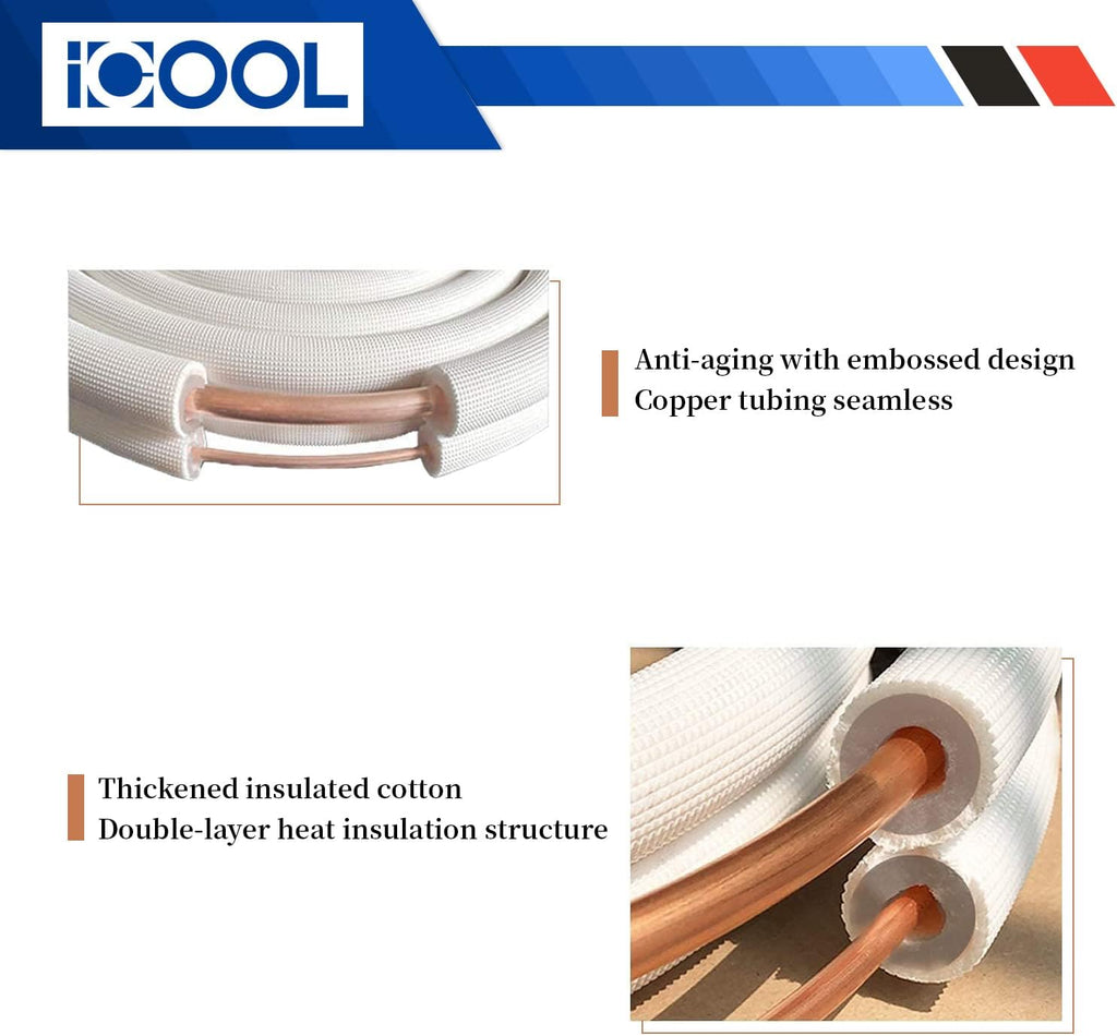 16 Ft. Mini Split Line Set 1/4" 1/2" & 3/8 Insulated Coil Copper Pipes with Nuts and Fittings C5313