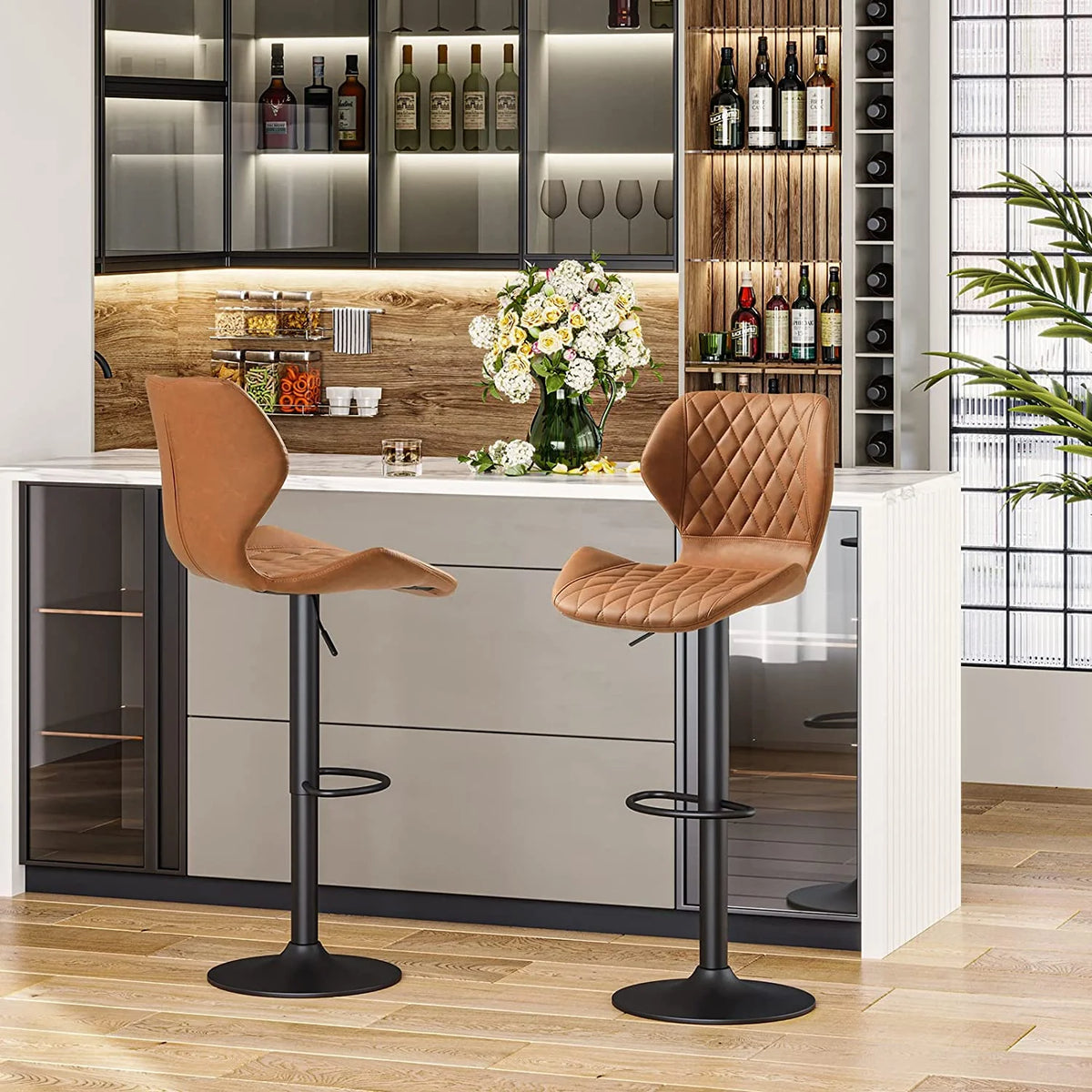Set of 2 PU Leather Bar Stools Height Adjustable Bar Chairs Brown K8591