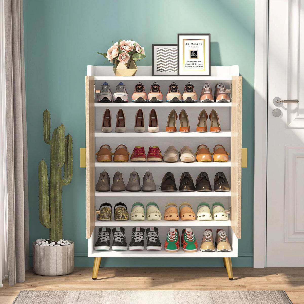 White Wood Grain 7 Tier Shoe Cabinet with Doors Z723