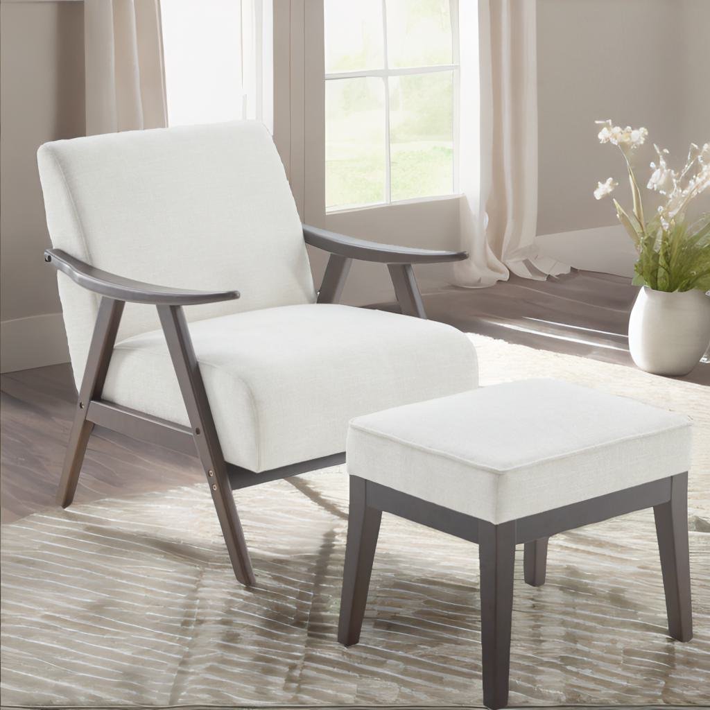 Beige Upholstered Accent Chair with Ottoman and Solid Wood Frame C6776