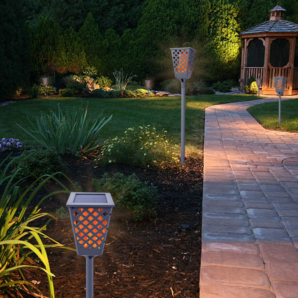 Grey Solar Torch Lights with Flickering Flame, 96 LED Waterproof A70282