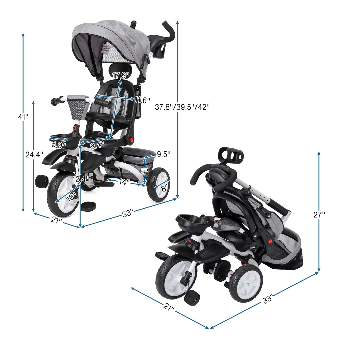 Folding Toddler Tricycle with Adjustable Push Handle, Harness, Canopy and Storage J804741