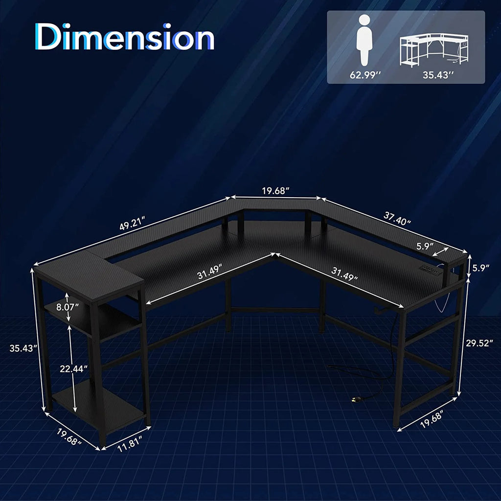 Black L-Shaped Gaming Desk with LED Strips U67622