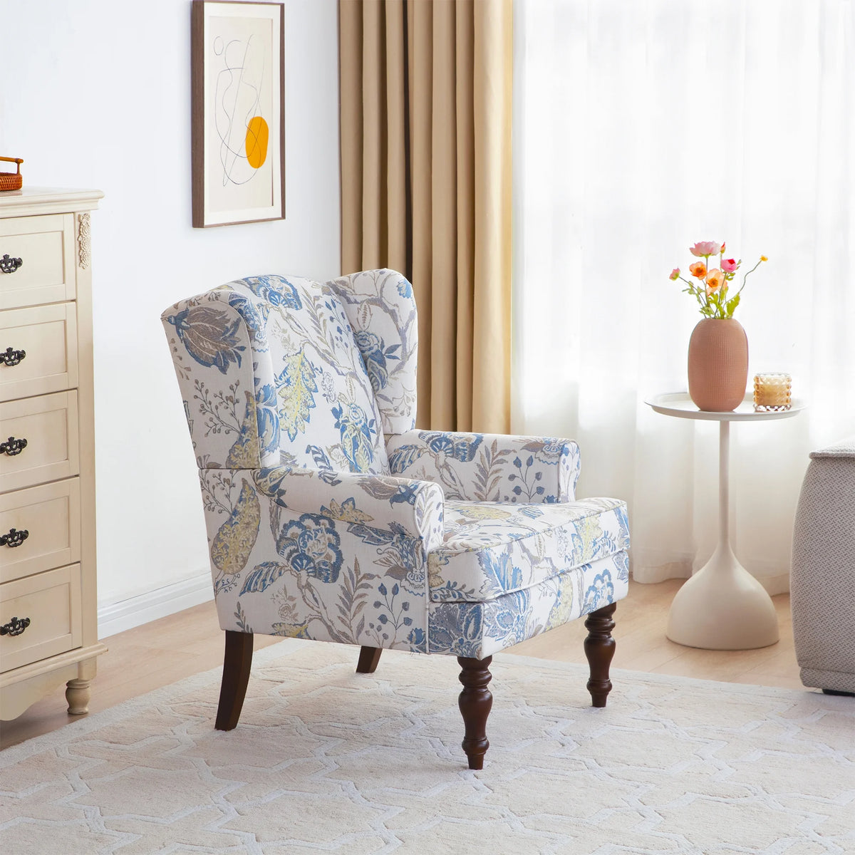 Blue Floral Print Upholstered Wingback Accent Chair with Solid Wood Legs K503455