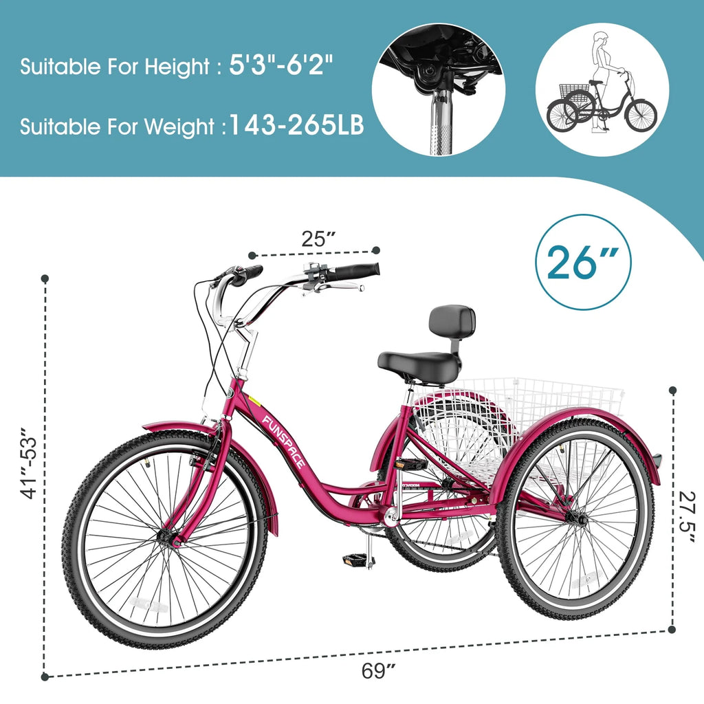 7 Speed 26 inch Three Wheel Bike Cruiser Trike with Low-Step Through Frame Large Basket Dark Green Q3654