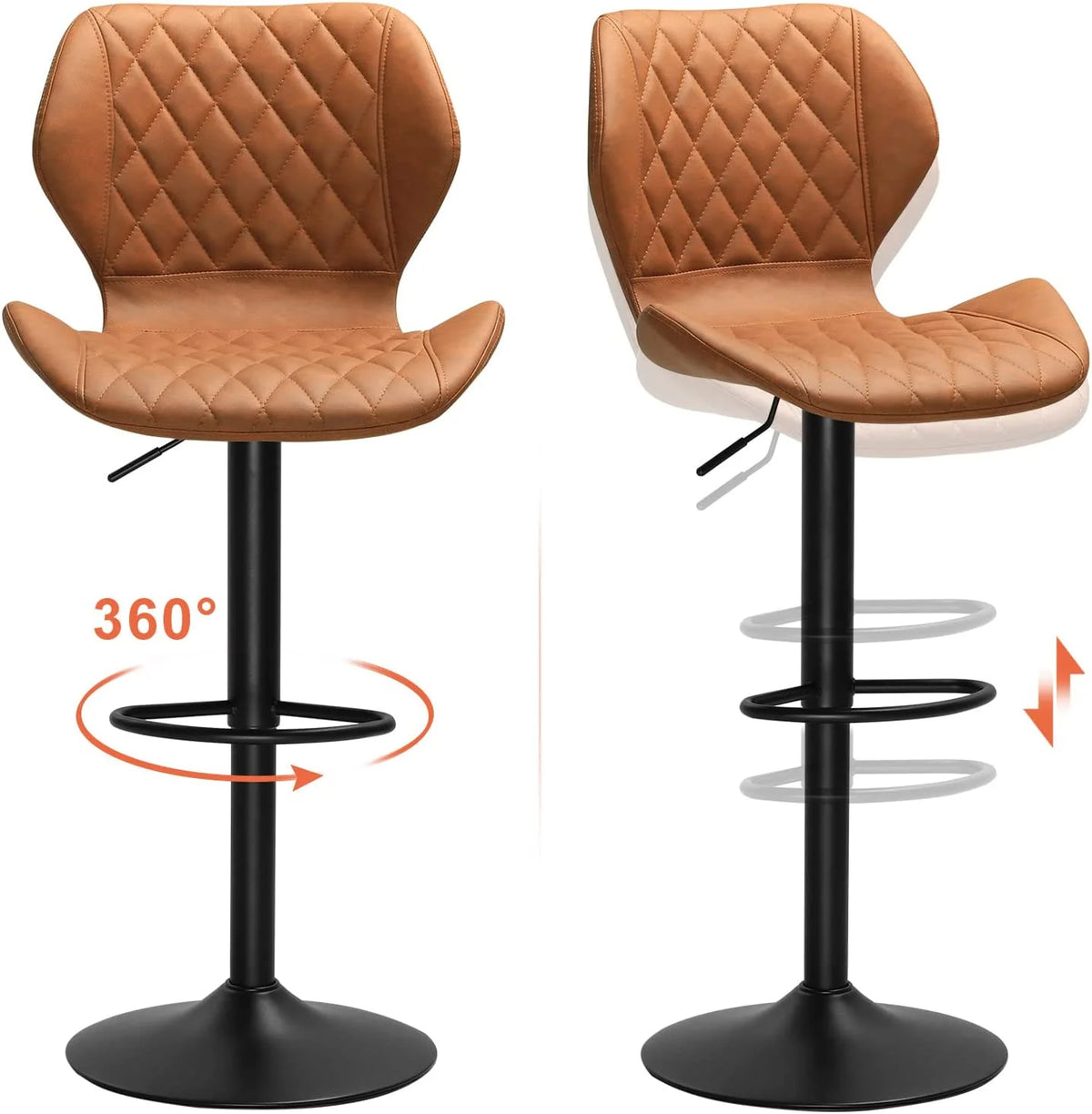 Set of 2 PU Leather Bar Stools Height Adjustable Bar Chairs Brown K8591