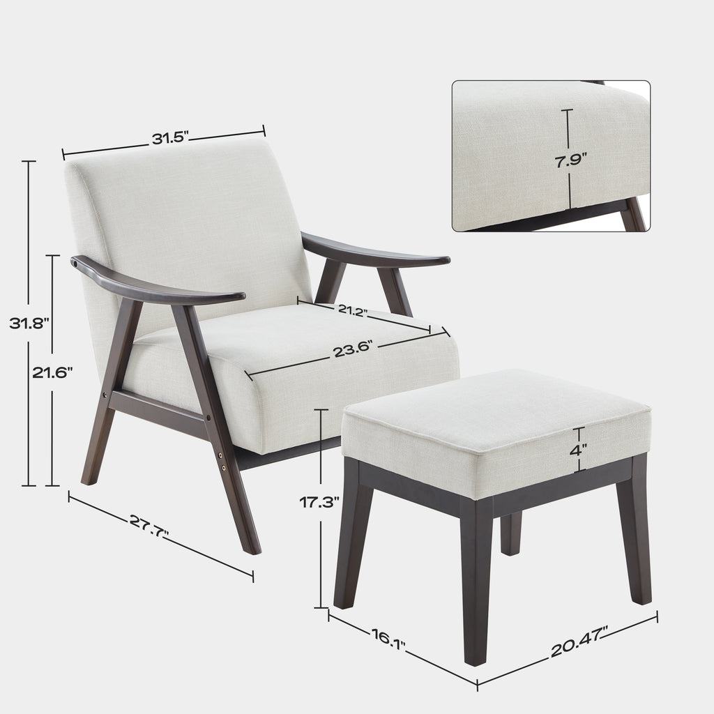 Beige Upholstered Accent Chair with Ottoman and Solid Wood Frame C6776