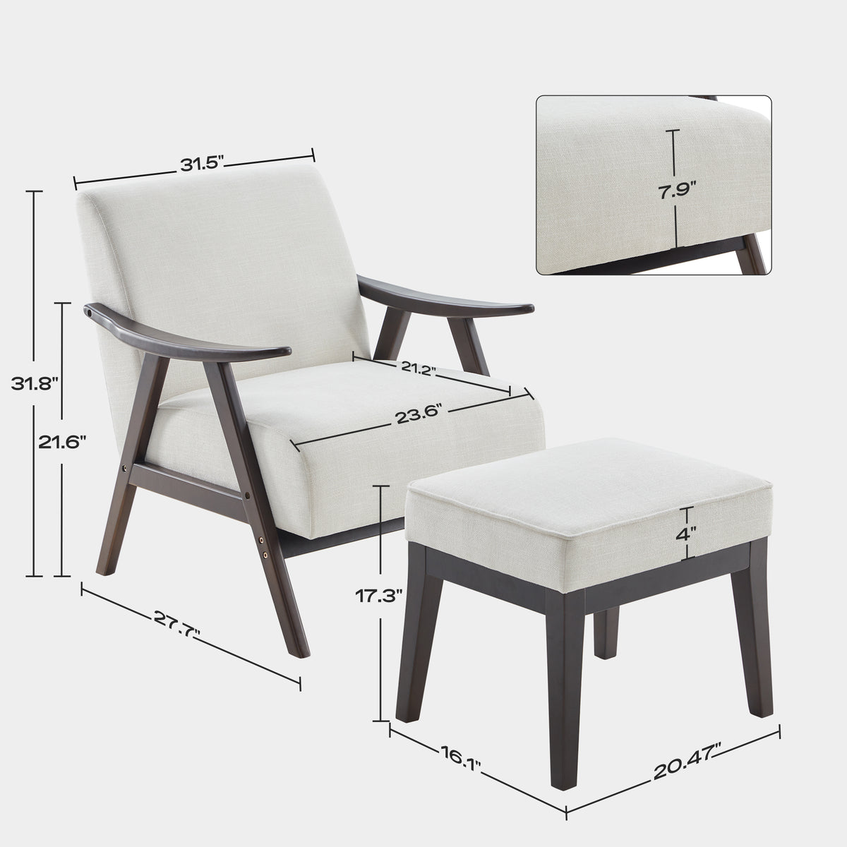Beige Upholstered Accent Chair with Ottoman and Solid Wood Frame C6776