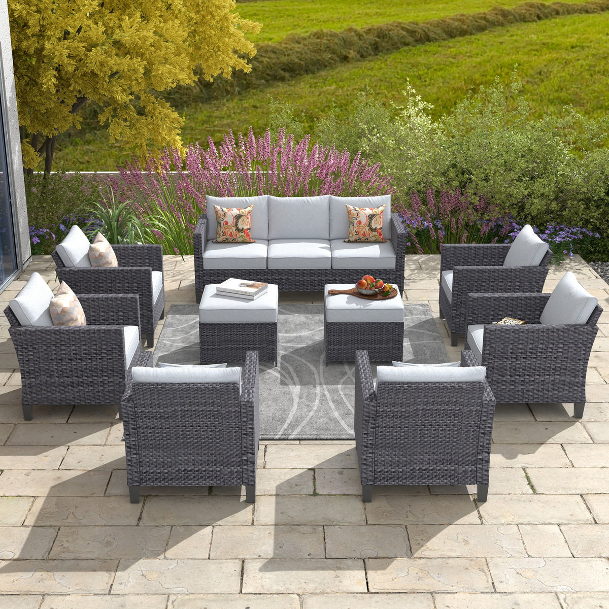 9 Piece Gray Wicker Patio Conversation Chair Set with Cushions D2051
