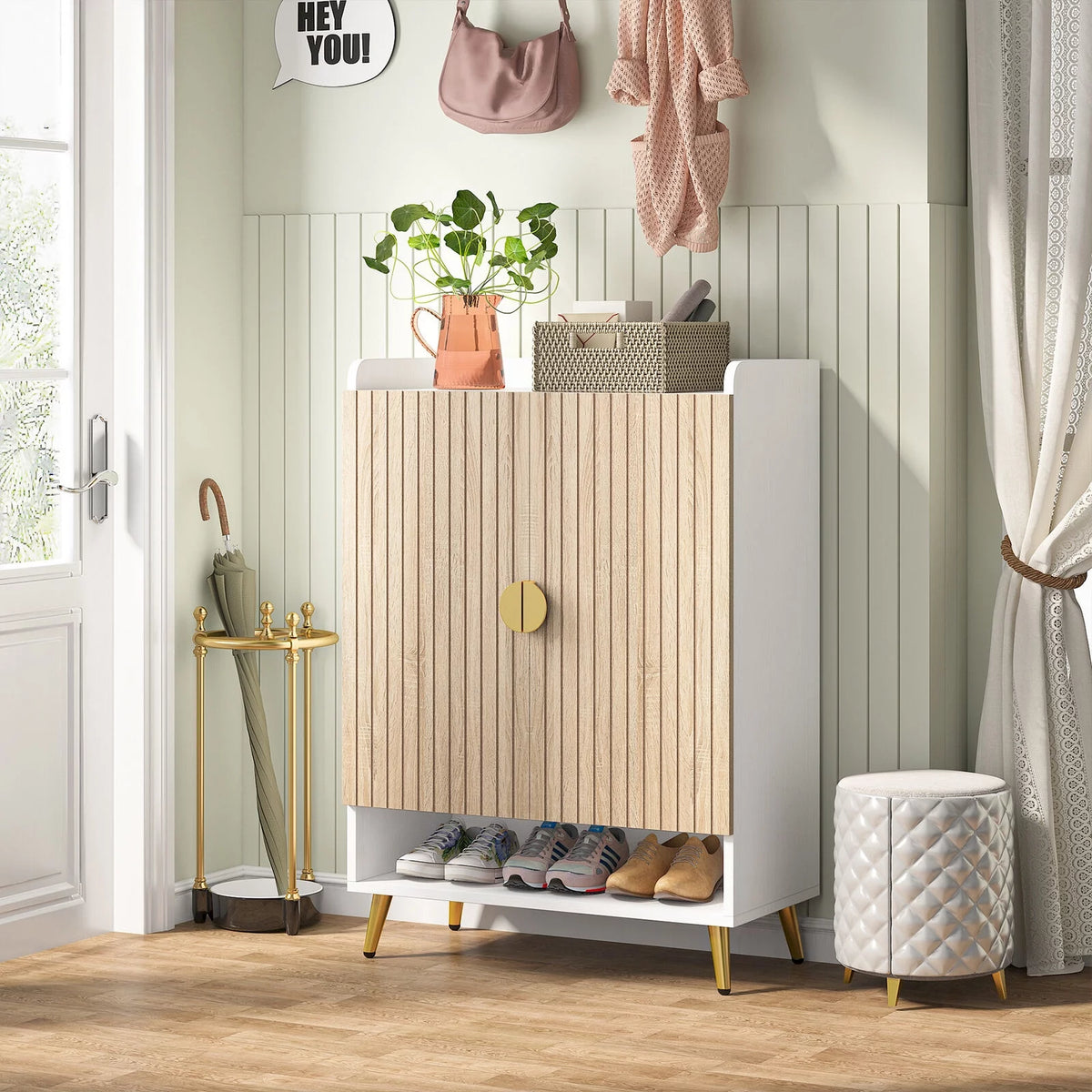 White Wood Grain 7 Tier Shoe Cabinet with Doors Z723