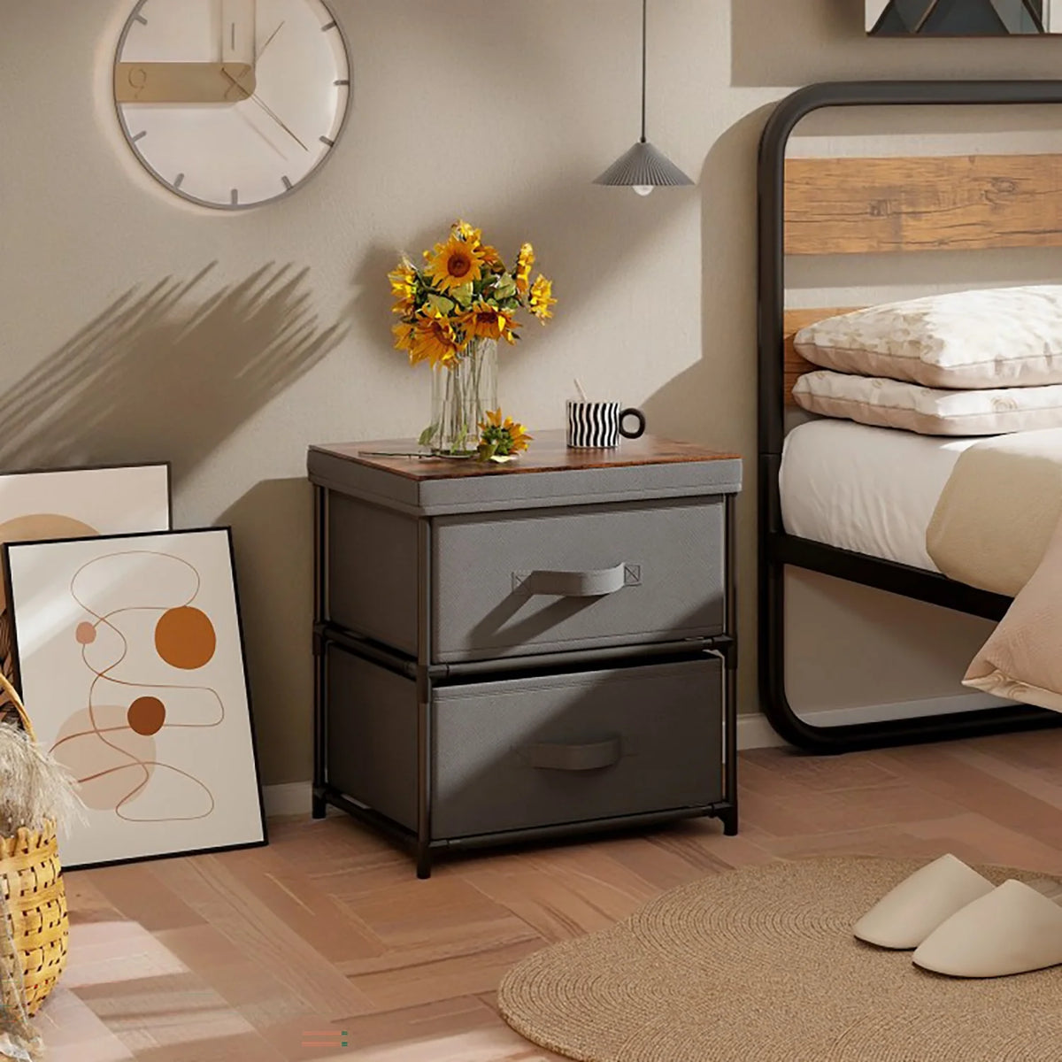 Grey Rustic Brown 2 Drawer Nightstand T296