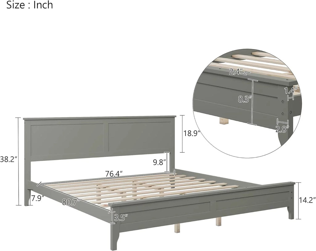 Pine King Size Solid Wood Platform Bed Frame with Headboard M44250