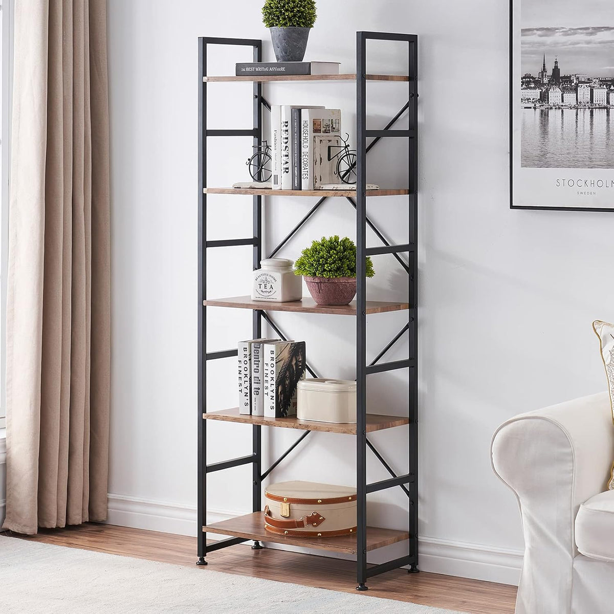 Industrial 5 Tier Wood Bookshelf with Metal Frame V6393