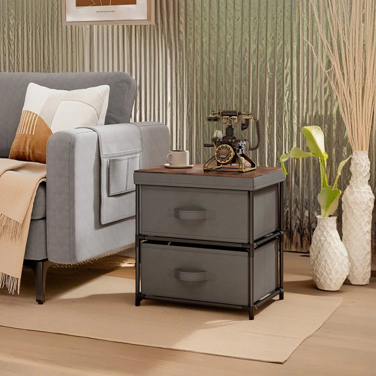 Grey Rustic Brown 2 Drawer Nightstand T296