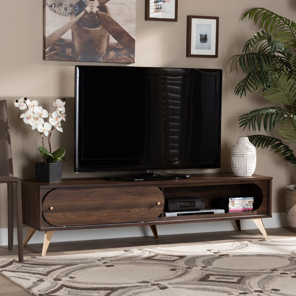 Walnut Brown Wood and Gold Finished TV Stand Z913314