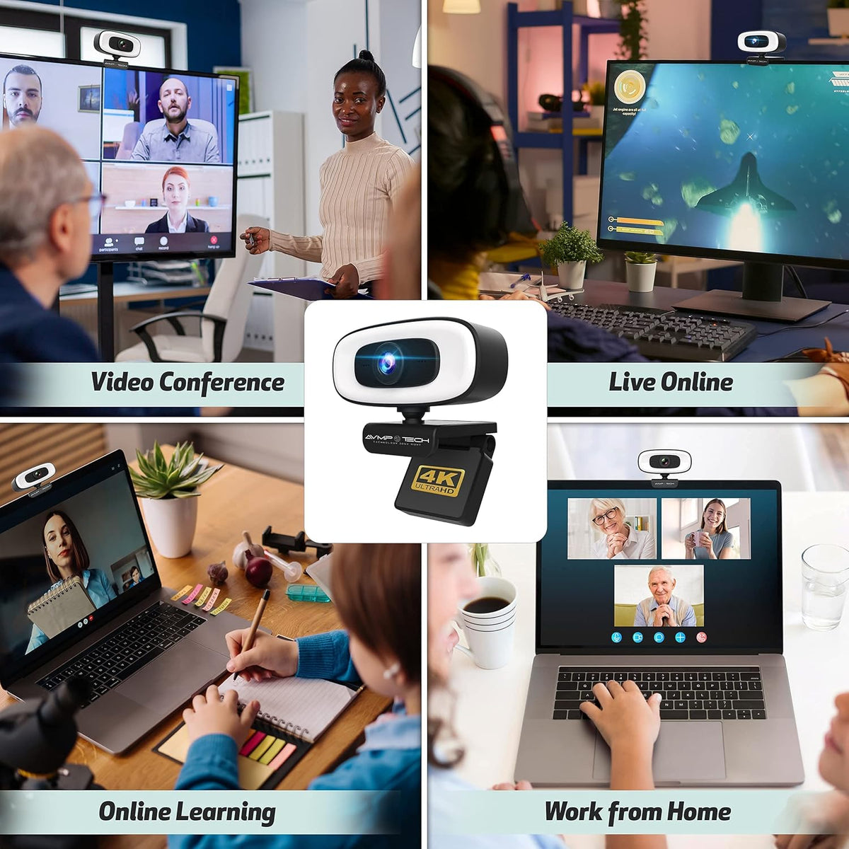 4K Webcam with Light Ultra HD 8MP Autofocus USB Web Cam with Microphone for Desktop Computer PC Streaming Camera + Tripod + USBC + Privacy Cover Pack of 2 L86674