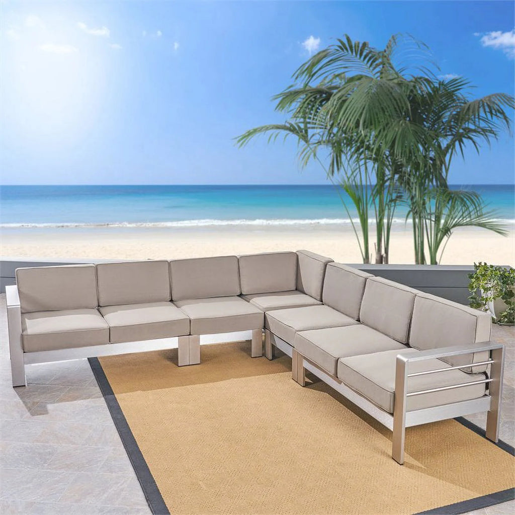 7-Seater Aluminum Sectional Sofa Set Silver/Khaki W742