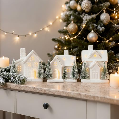 Set of 3 Light Up Ceramic Christmas Village House Figurines O1916