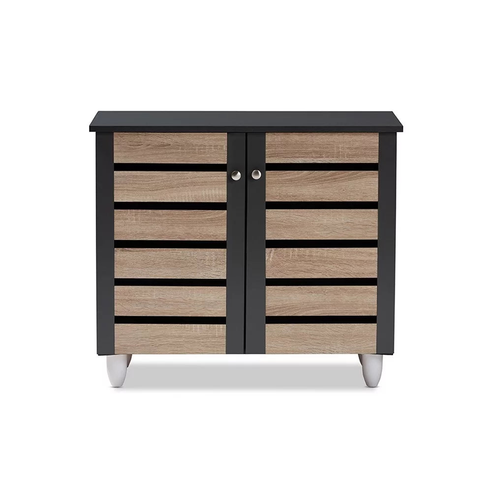 Oak and Dark Gray 2-Door Shoe Storage Cabinet V547