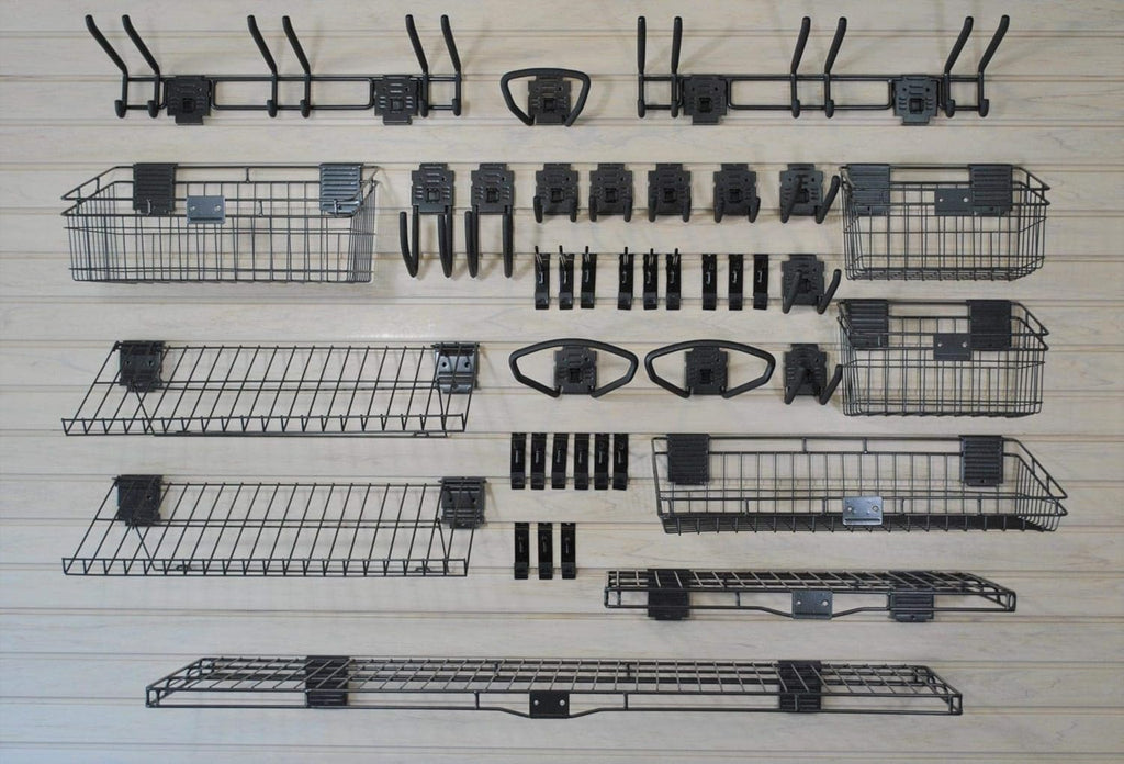 Deluxe Accessory Kit with 46 Locking Bracket Hooks, Shelves, and Baskets for Slatwall Panels W703379