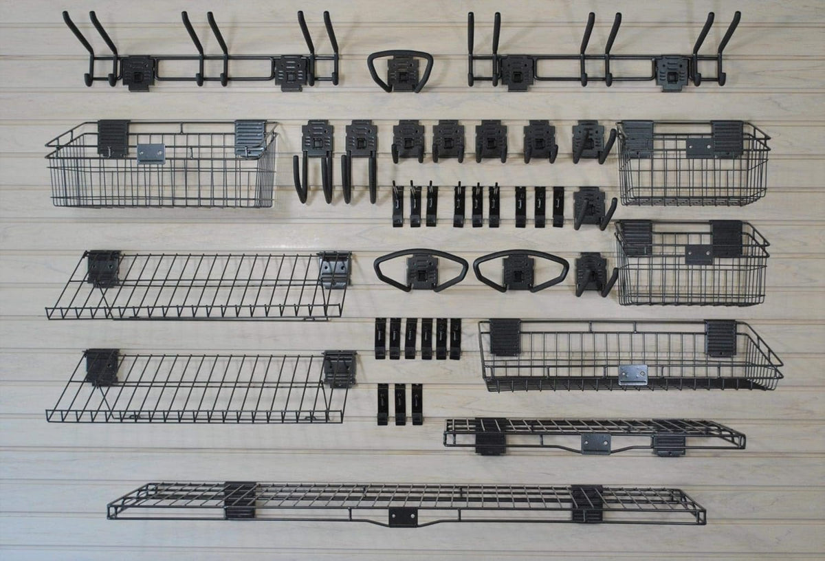 Deluxe Accessory Kit with 46 Locking Bracket Hooks, Shelves, and Baskets for Slatwall Panels W703379