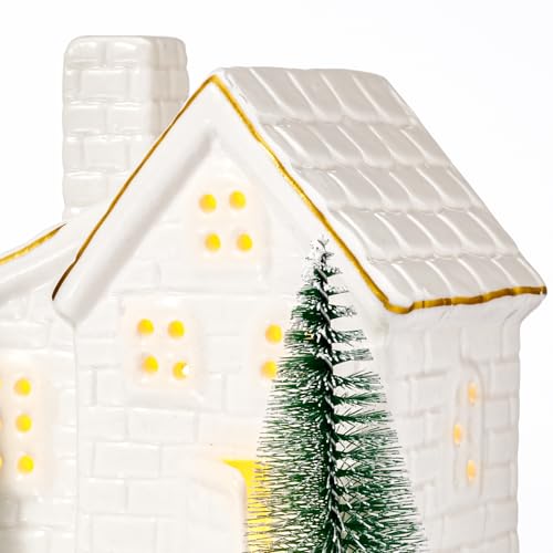 Set of 3 Light Up Ceramic Christmas Village House Figurines O1916