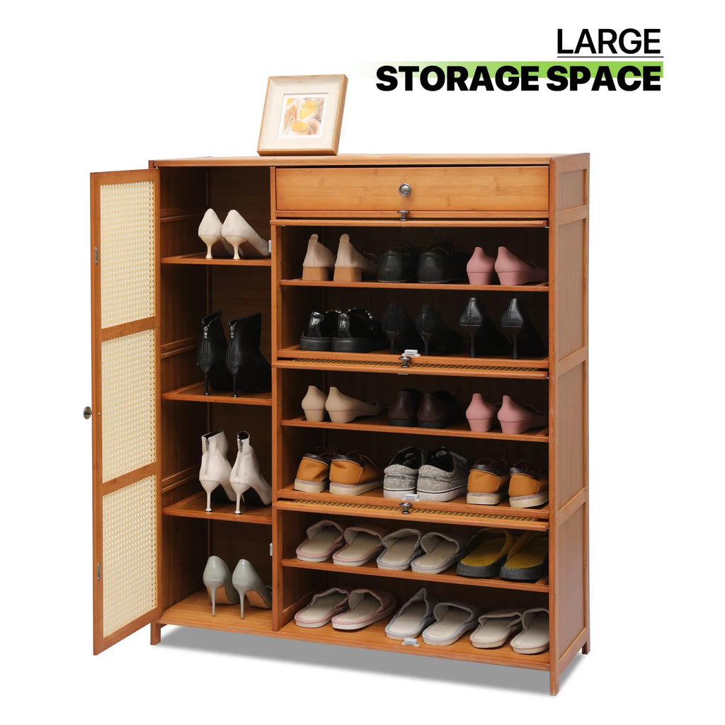 Bamboo 28 Pairs 6 Shelves Shoe Storage Cabinet with 4 Rattan Doors Z13767