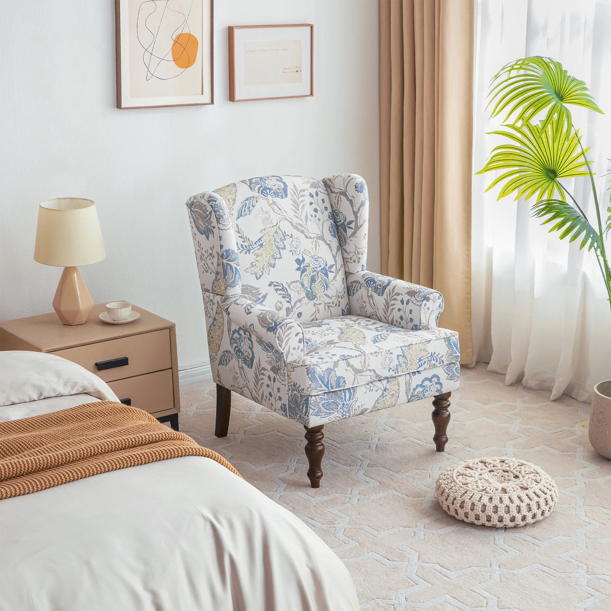 Blue Floral Print Upholstered Wingback Accent Chair with Solid Wood Legs K503455