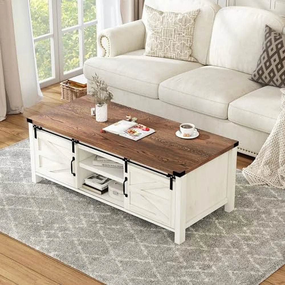 Farmhouse Coffee Table with Sliding Barn Doors Q537