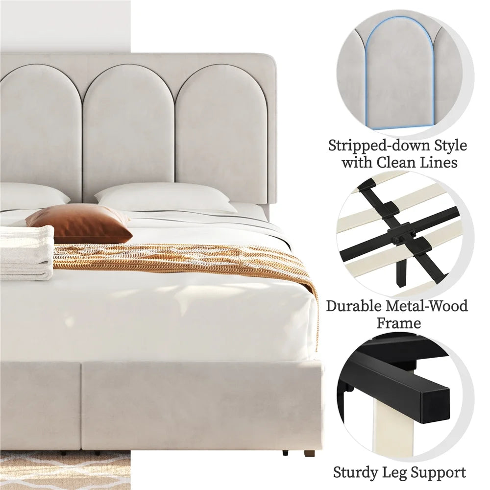 Queen Dark Gray Upholstered Bed with 4 Storage Drawers T134