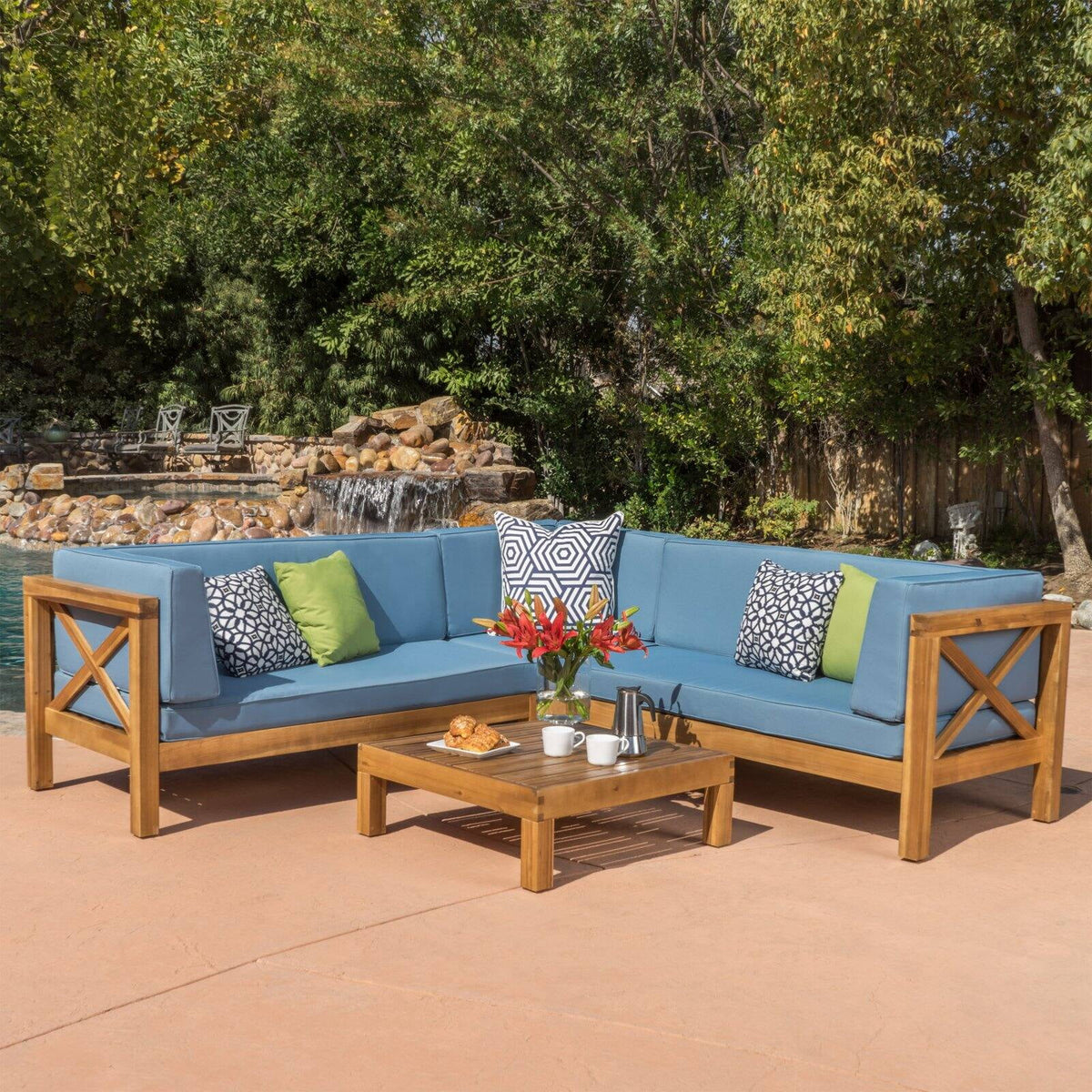 4 Piece Acacia Wood Sectional Sofa and Coffee Table Set U181