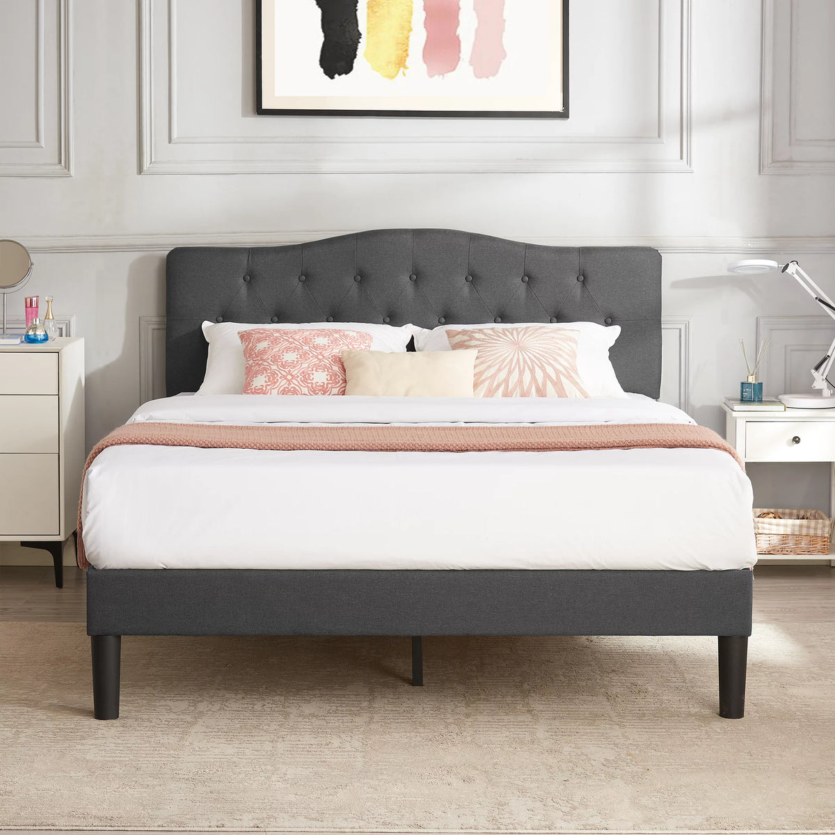 Queen Upholstered Platform Bed Frame with Adjustable Headboard Y535