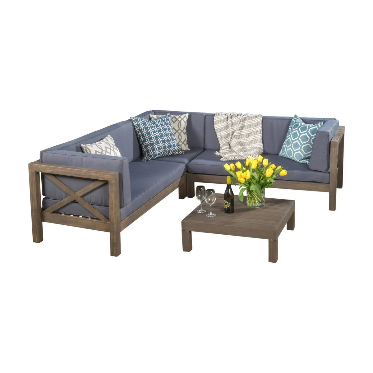 4 Piece Acacia Wood Sectional Sofa and Coffee Table Set U181